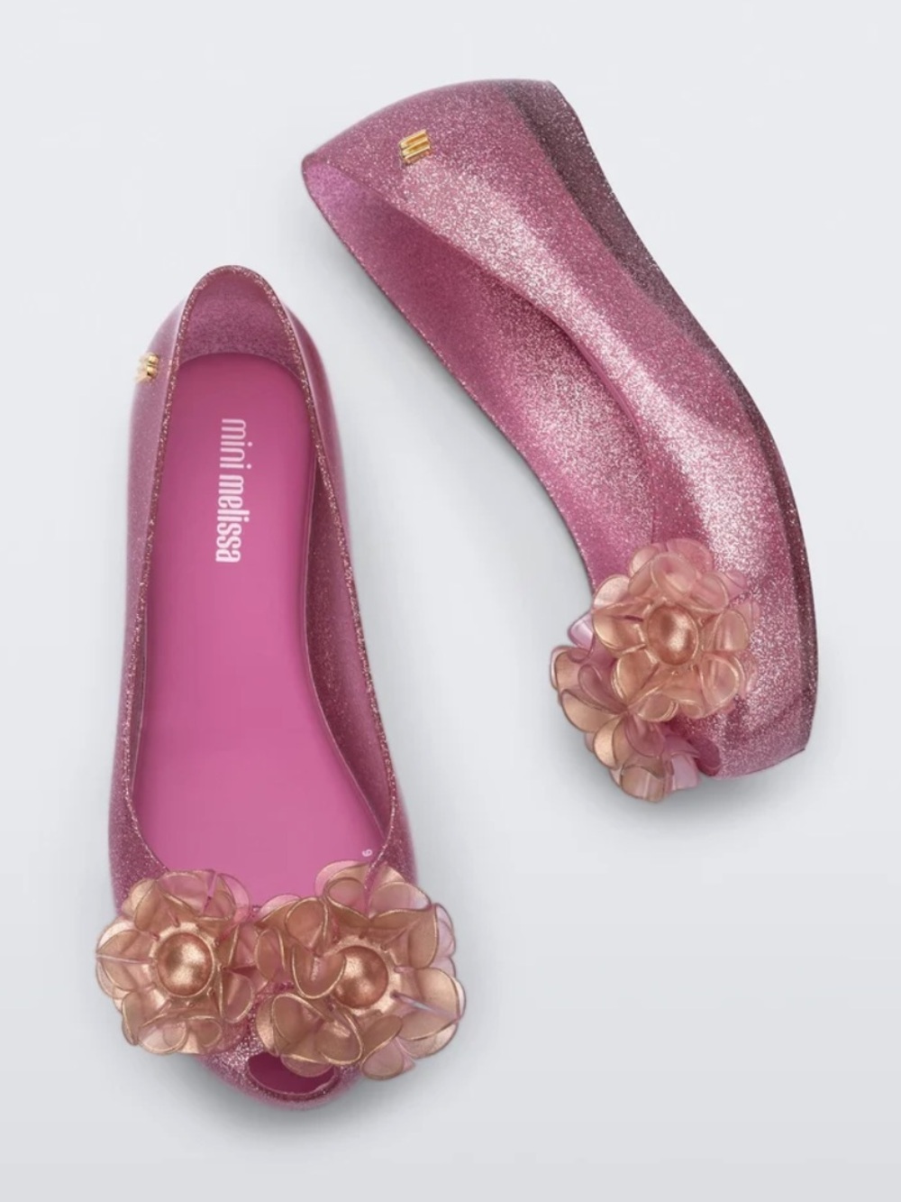 Mini Melissa Pink Glitter Floral Jelly Flats with Champagne Flowers girls size
